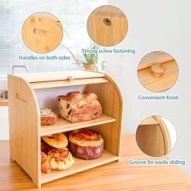 Large Bamboo Bread Box Storage Organizer with Roll Top
