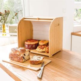 Large Bamboo Bread Box Storage Organizer with Roll Top
